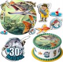 ZESTAW OPŁATEK NA TORT 30CM + 17 POSTACI - RYBY HOBBY + IMIĘ 24CM 26CM