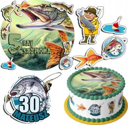 ZESTAW OPŁATEK NA TORT 30CM + 17 POSTACI - RYBY HOBBY + IMIĘ 24CM 26CM
