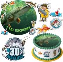 ZESTAW OPŁATEK NA TORT 30CM + 17 POSTACI - RYBY HOBBY + IMIĘ 24CM 26CM