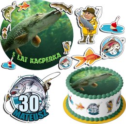 ZESTAW OPŁATEK NA TORT 30CM + 17 POSTACI - RYBY HOBBY + IMIĘ 24CM 26CM