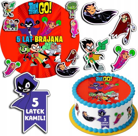 ZESTAW OPŁATEK NA TORT 30CM + 17 POSTACI - TEEN TITANS + IMIĘ 24CM 26CM ZESTAW OPŁATEK NA TORT 30CM + 17 POSTACI - TEEN TITANS + IMIĘ 24CM 26CM