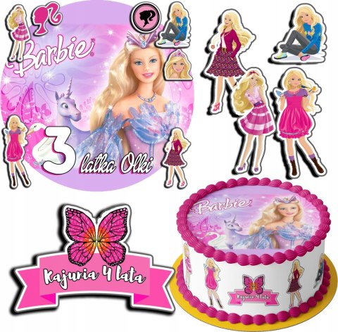 ZESTAW OPŁATEK NA TORT 30CM + 17 POSTACI - LALKA BARBIE + IMIĘ 24CM 26CM