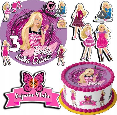 ZESTAW OPŁATEK NA TORT 30CM + 17 POSTACI - LALKA BARBIE + IMIĘ 24CM 26CM