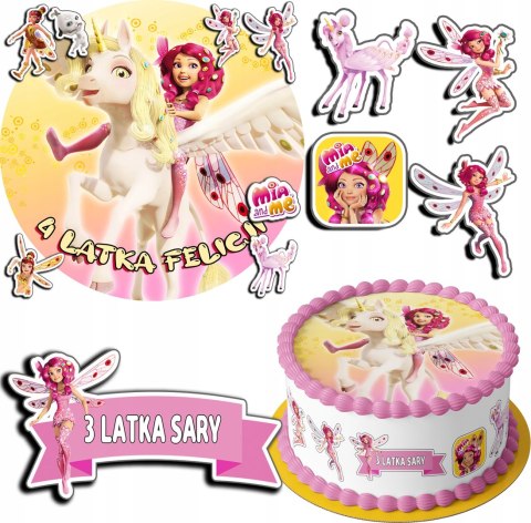 ZESTAW OPŁATEK NA TORT 30CM + 17 POSTACI - MIA I JA + IMIĘ 24CM 26CM