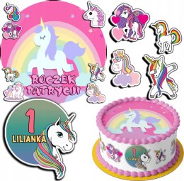 ZESTAW OPŁATEK NA TORT 30CM + 17 POSTACI - JEDNOROŻEC + IMIĘ 24CM 26CM