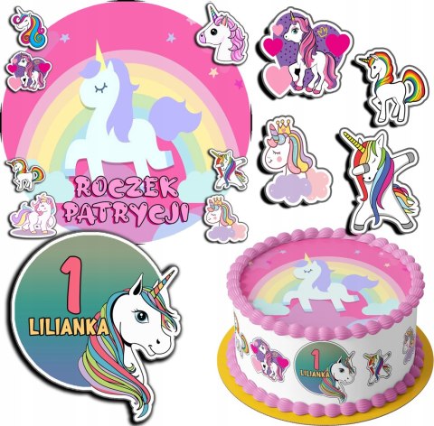 ZESTAW OPŁATEK NA TORT 30CM + 17 POSTACI - JEDNOROŻEC + IMIĘ 24CM 26CM