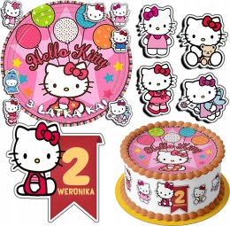 ZESTAW OPŁATEK NA TORT 30CM + 17 POSTACI - KOTEK HELLO + IMIĘ 24CM 26CM