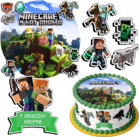 ZESTAW OPŁATEK NA TORT 30CM + 17 POSTACI - MINECRAFT + IMIĘ 24CM 26 CM