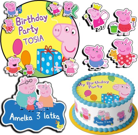 ZESTAW OPŁATEK NA TORT 30CM + 17 POSTACI - ŚWINKA PEPPA + IMIĘ 24CM 26CM