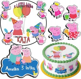 ZESTAW OPŁATEK NA TORT 30CM + 17 POSTACI - ŚWINKA PEPPA + IMIĘ 24CM 26CM