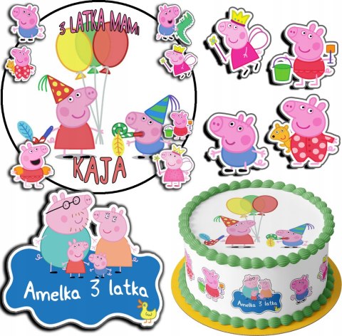 ZESTAW OPŁATEK NA TORT 30CM + 17 POSTACI - ŚWINKA PEPPA + IMIĘ 24CM 26CM ZESTAW OPŁATEK NA TORT 30CM + 17 POSTACI - ŚWINKA PEPPA + IMIĘ 24CM 26CM