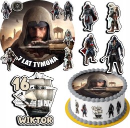 ZESTAW OPŁATEK NA TORT 20CM + 17 POSTACI - ASSASSIN + IMIĘ 15CM 18CM