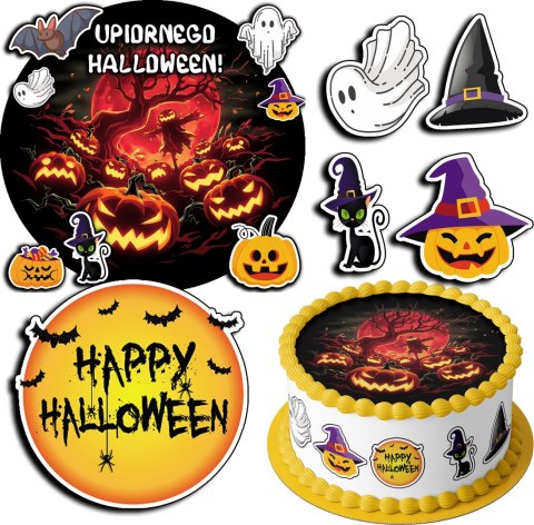 ZESTAW OPŁATEK NA TORT 20CM + 17 POSTACI - HALLOWEEN + IMIĘ 15CM 18 CM