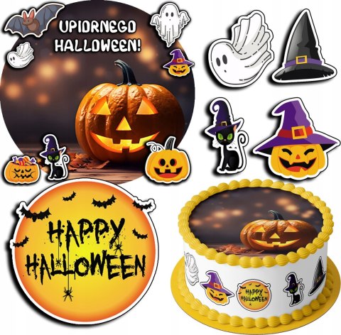 ZESTAW OPŁATEK NA TORT 20CM + 17 POSTACI - HALLOWEEN + IMIĘ 15CM 18 CM ZESTAW OPŁATEK NA TORT 20CM + 17 POSTACI - HALLOWEEN + IMIĘ 15CM 18 CM