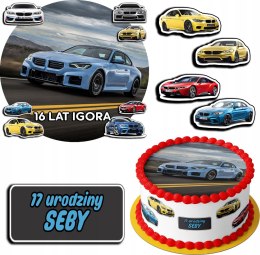 ZESTAW OPŁATEK NA TORT 20CM + 17 POSTACI - BMW AUTO + IMIĘ 15CM 18CM
