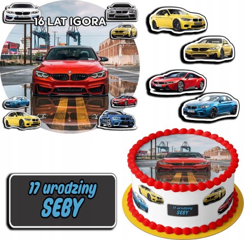 ZESTAW OPŁATEK NA TORT 20CM + 17 POSTACI - BMW AUTO + IMIĘ 15CM 18CM ZESTAW OPŁATEK NA TORT 20CM + 17 POSTACI - BMW AUTO + IMIĘ 15CM 18CM