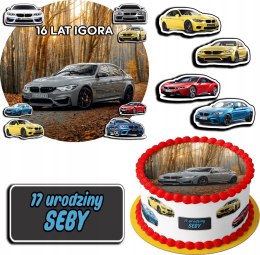 ZESTAW OPŁATEK NA TORT 20CM + 17 POSTACI - BMW AUTO + IMIĘ 15CM 18CM