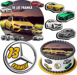 ZESTAW OPŁATEK NA TORT 20CM + 17 POSTACI - MERCEDES AUTO + IMIĘ 15CM 18CM