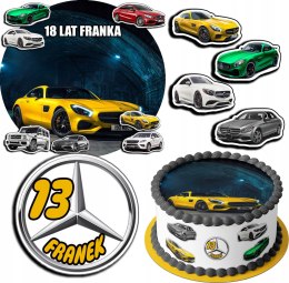 ZESTAW OPŁATEK NA TORT 20CM + 17 POSTACI - MERCEDES AUTO + IMIĘ 15CM 18CM