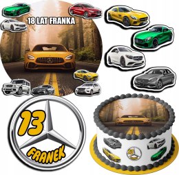 ZESTAW OPŁATEK NA TORT 20CM + 17 POSTACI - MERCEDES AUTO + IMIĘ 15CM 18CM