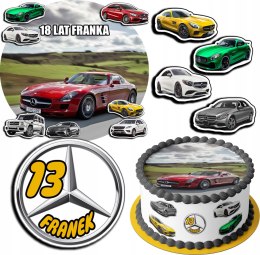 ZESTAW OPŁATEK NA TORT 20CM + 17 POSTACI - MERCEDES AUTO + IMIĘ 15CM 18CM