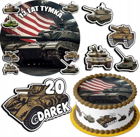 ZESTAW OPŁATEK NA TORT 20CM + 17 POSTACI - WOJSKO CZOŁG + IMIĘ 15CM 18CM ZESTAW OPŁATEK NA TORT 20CM + 17 POSTACI - WOJSKO CZOŁG + IMIĘ 15CM 18CM