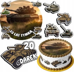 ZESTAW OPŁATEK NA TORT 20CM + 17 POSTACI - WOJSKO CZOŁG + IMIĘ 15CM 18CM