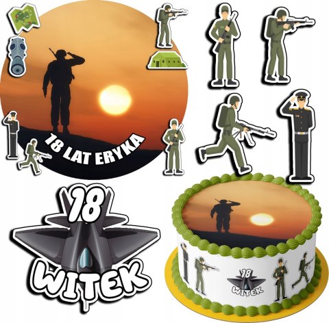 ZESTAW OPŁATEK NA TORT 20CM + 17 POSTACI - WOJSKO MUNDUR + IMIĘ 15CM 18CM ZESTAW OPŁATEK NA TORT 20CM + 17 POSTACI - WOJSKO MUNDUR + IMIĘ 15CM 18CM