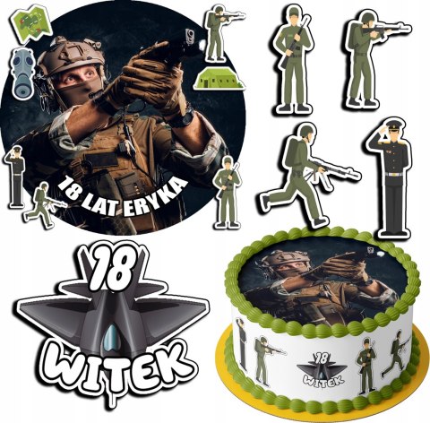 ZESTAW OPŁATEK NA TORT 20CM + 17 POSTACI - WOJSKO MUNDUR + IMIĘ 15CM 18CM ZESTAW OPŁATEK NA TORT 20CM + 17 POSTACI - WOJSKO MUNDUR + IMIĘ 15CM 18CM
