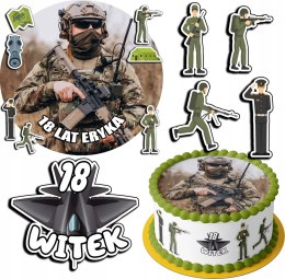 ZESTAW OPŁATEK NA TORT 20CM + 17 POSTACI - WOJSKO MUNDUR + IMIĘ 15CM 18CM