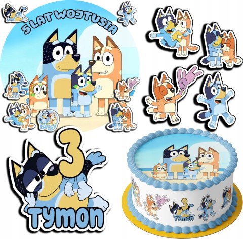 ZESTAW OPŁATEK NA TORT 20CM + 17 POSTACI - BLUEY BLUE + IMIĘ 15CM 18CM ZESTAW OPŁATEK NA TORT 20CM + 17 POSTACI - BLUEY BLUE + IMIĘ 15CM 18CM