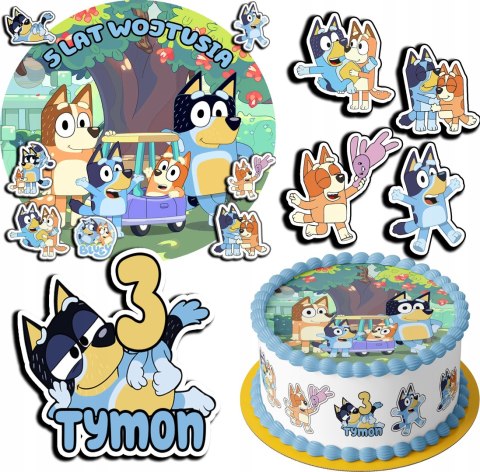 ZESTAW OPŁATEK NA TORT 20CM + 17 POSTACI - BLUEY BLUE + IMIĘ 15CM 18CM