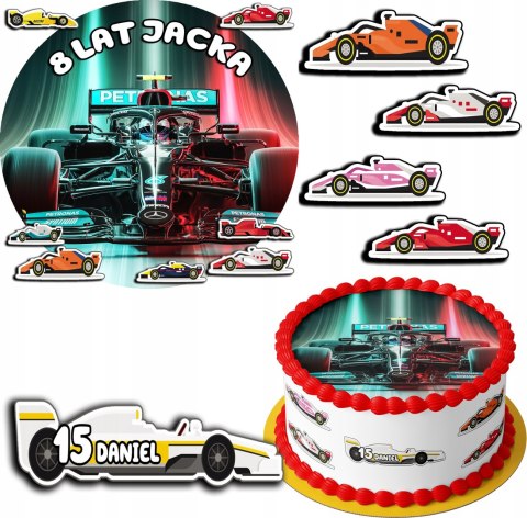 ZESTAW OPŁATEK NA TORT 20CM + 17 POSTACI - F1 FORMUŁA + IMIĘ 15CM 18CM