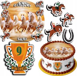 ZESTAW OPŁATEK NA TORT 20CM + 17 POSTACI - KONIE KOŃ + IMIĘ 15CM 18CM