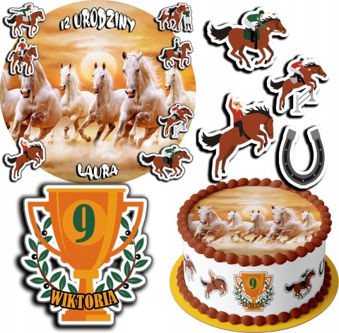 ZESTAW OPŁATEK NA TORT 20CM + 17 POSTACI - KONIE KOŃ + IMIĘ 15CM 18CM ZESTAW OPŁATEK NA TORT 20CM + 17 POSTACI - KONIE KOŃ + IMIĘ 15CM 18CM