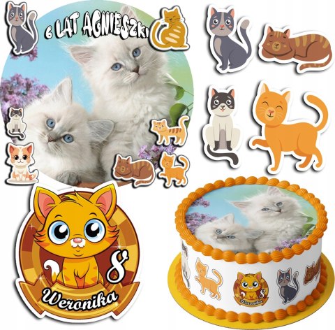 ZESTAW OPŁATEK NA TORT 20CM + 17 POSTACI - KOTEK KOT KOTKI + IMIĘ 15CM 18CM ZESTAW OPŁATEK NA TORT 20CM + 17 POSTACI - KOTEK KOT KOTKI + IMIĘ 15CM 18CM