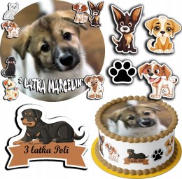 ZESTAW OPŁATEK NA TORT 20CM + 17 POSTACI - PSY PIESEK PIES + IMIĘ 15CM 18CM
