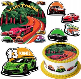 ZESTAW OPŁATEK NA TORT 20CM + 17 POSTACI - SAMOCHODY + IMIĘ 15CM 18CM