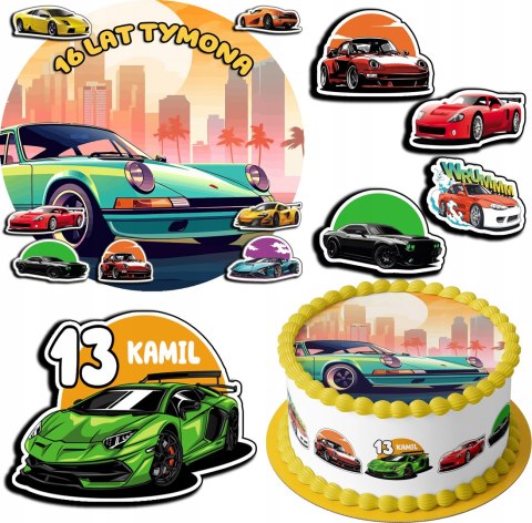 ZESTAW OPŁATEK NA TORT 20CM + 17 POSTACI - SAMOCHODY + IMIĘ 15CM 18CM ZESTAW OPŁATEK NA TORT 20CM + 17 POSTACI - SAMOCHODY + IMIĘ 15CM 18CM