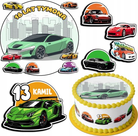 ZESTAW OPŁATEK NA TORT 20CM + 17 POSTACI - SAMOCHODY + IMIĘ 15CM 18CM ZESTAW OPŁATEK NA TORT 20CM + 17 POSTACI - SAMOCHODY + IMIĘ 15CM 18CM