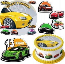 ZESTAW OPŁATEK NA TORT 20CM + 17 POSTACI - SAMOCHODY + IMIĘ 15CM 18CM