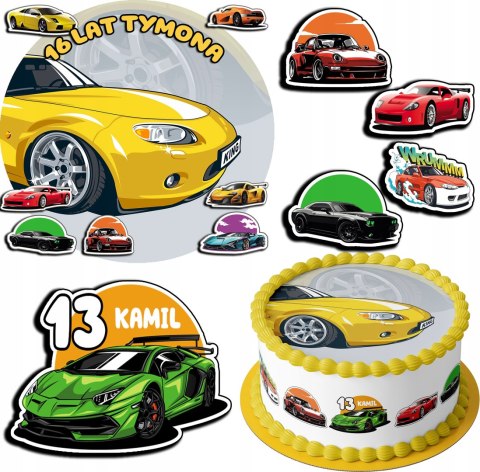 ZESTAW OPŁATEK NA TORT 20CM + 17 POSTACI - SAMOCHODY + IMIĘ 15CM 18CM ZESTAW OPŁATEK NA TORT 20CM + 17 POSTACI - SAMOCHODY + IMIĘ 15CM 18CM