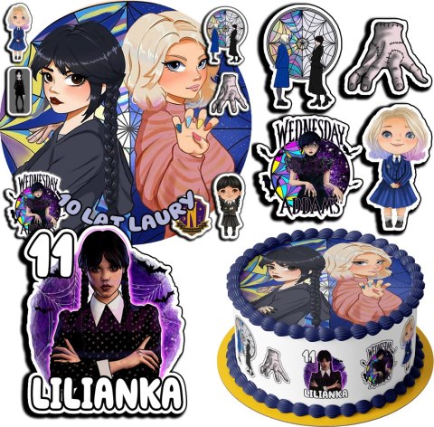 ZESTAW OPŁATEK NA TORT 20CM + 17 POSTACI - WEDNESDAY + IMIĘ 15CM 18CM ZESTAW OPŁATEK NA TORT 20CM + 17 POSTACI - WEDNESDAY + IMIĘ 15CM 18CM