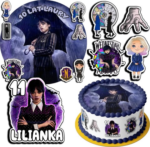 ZESTAW OPŁATEK NA TORT 20CM + 17 POSTACI - WEDNESDAY + IMIĘ 15CM 18CM ZESTAW OPŁATEK NA TORT 20CM + 17 POSTACI - WEDNESDAY + IMIĘ 15CM 18CM