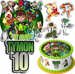 ZESTAW OPŁATEK NA TORT 20CM + 17 POSTACI - BEN10 TEN + IMIĘ 15CM 18CM