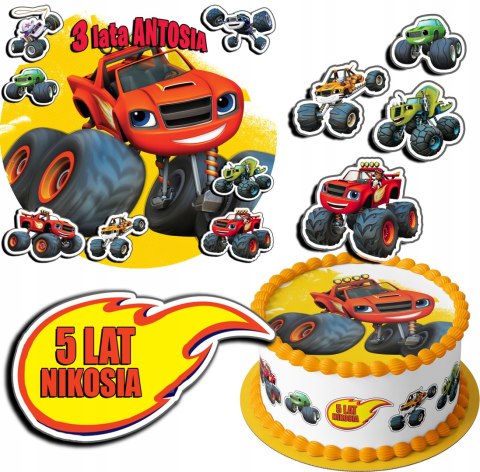ZESTAW OPŁATEK NA TORT 20CM + 17 POSTACI - BLAZE TRUCK + IMIĘ 15CM 18CM ZESTAW OPŁATEK NA TORT 20CM + 17 POSTACI - BLAZE TRUCK + IMIĘ 15CM 18CM