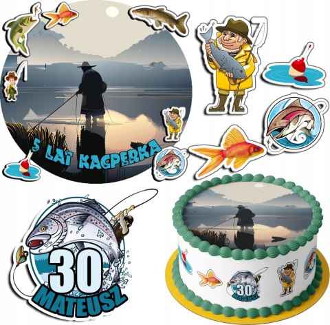 ZESTAW OPŁATEK NA TORT 20CM + 17 POSTACI - RYBY HOBBY + IMIĘ 15CM 18CM ZESTAW OPŁATEK NA TORT 20CM + 17 POSTACI - RYBY HOBBY + IMIĘ 15CM 18CM