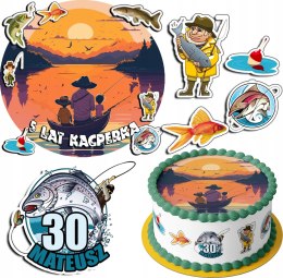 ZESTAW OPŁATEK NA TORT 20CM + 17 POSTACI - RYBY HOBBY + IMIĘ 15CM 18CM