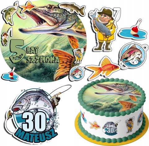 ZESTAW OPŁATEK NA TORT 20CM + 17 POSTACI - RYBY HOBBY + IMIĘ 15CM 18CM ZESTAW OPŁATEK NA TORT 20CM + 17 POSTACI - RYBY HOBBY + IMIĘ 15CM 18CM