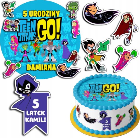 ZESTAW OPŁATEK NA TORT 20CM + 17 POSTACI - TEEN TITANS + IMIĘ 15CM 18CM ZESTAW OPŁATEK NA TORT 20CM + 17 POSTACI - TEEN TITANS + IMIĘ 15CM 18CM